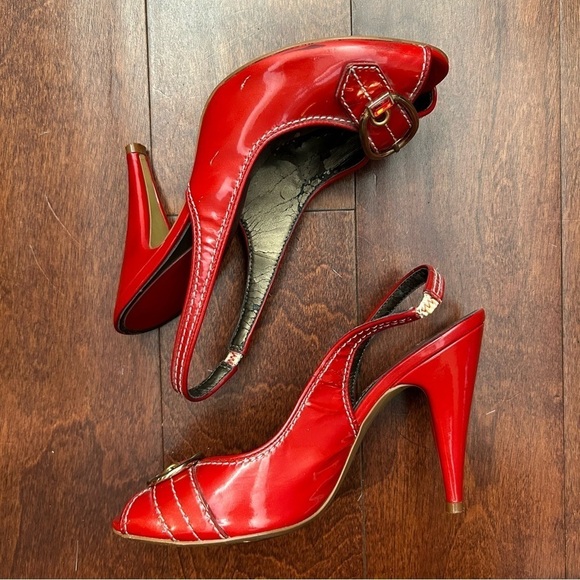 Paolo Dark Hyacinth Orange Leather Heels with Rhinestone & Gold Hardware, Size 7 - Picture 3 of 14